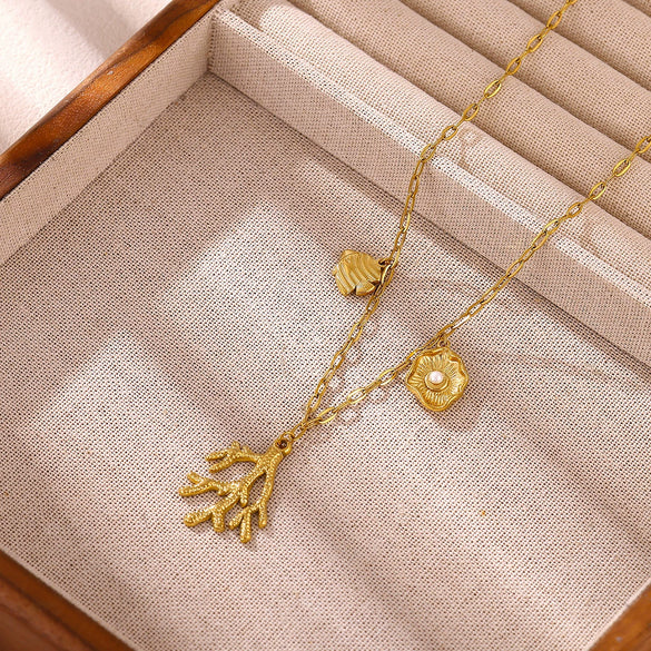 Gold Plated Stainless Steel Faux Pearl Seashell Coral Starfish Pendant Necklace For Women With Tassel Chain