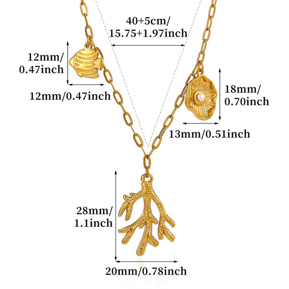 Gold Plated Stainless Steel Faux Pearl Seashell Coral Starfish Pendant Necklace For Women With Tassel Chain
