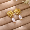 Gold Plated Stainless Steel Flower Drop Earrings For Women With Long Tassel Design Pearl And Zircon Accents Minimalist Style