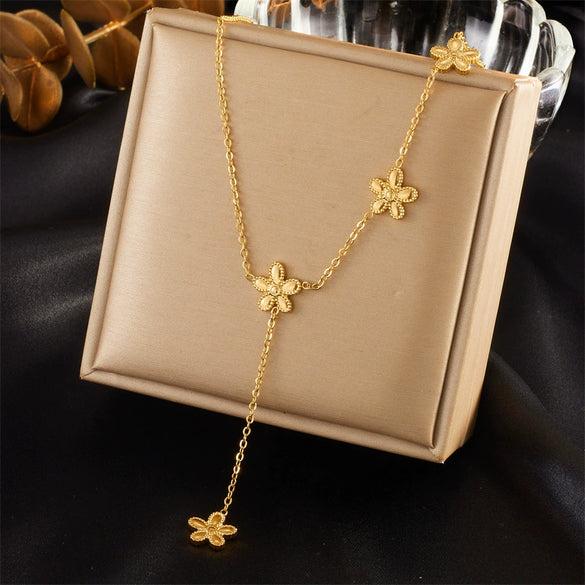 Gold Plated Stainless Steel Flower Tassel Necklace With Electroplating Process For Women