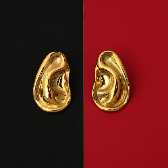 Gold Plated Stainless Steel Geometric Pleated Stud Earrings With Glossy Sculptural Design For Women