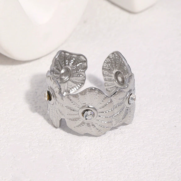 Gold Plated Stainless Steel Open Ring For Women With Rhinestone Flower Design Simple Elegant Non Fading Jewelry Accessory