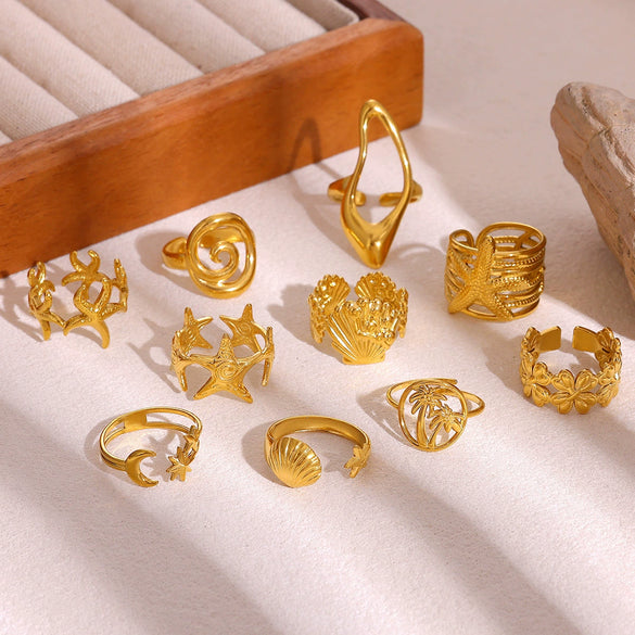 Gold Plated Stainless Steel Open Ring With Retro Geometric Shell And Line Design Minimalist Unisex Fashion Jewelry