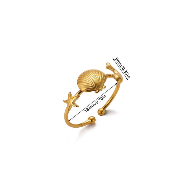 Gold Plated Stainless Steel Open Ring With Retro Geometric Shell And Line Design Minimalist Unisex Fashion Jewelry
