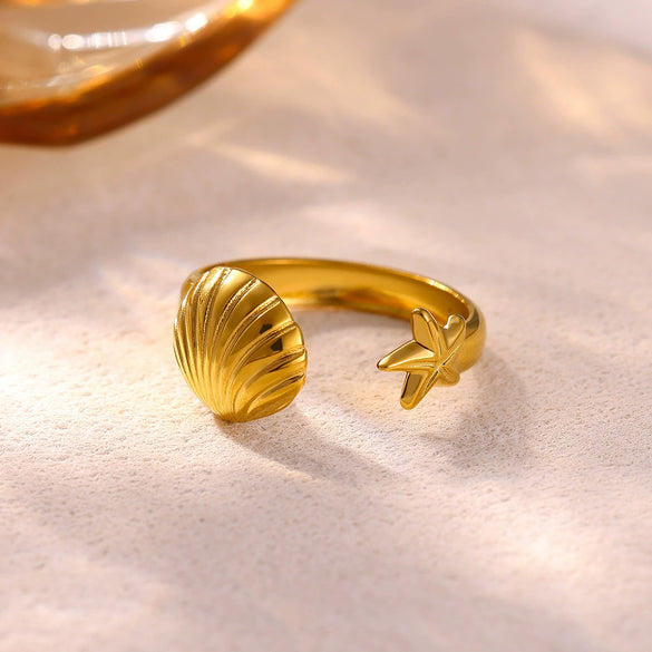 Gold Plated Stainless Steel Open Ring With Retro Geometric Shell And Line Design Minimalist Unisex Fashion Jewelry