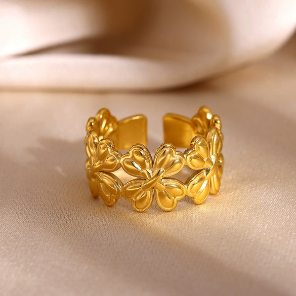 Gold Plated Stainless Steel Open Ring With Retro Geometric Shell And Line Design Minimalist Unisex Fashion Jewelry
