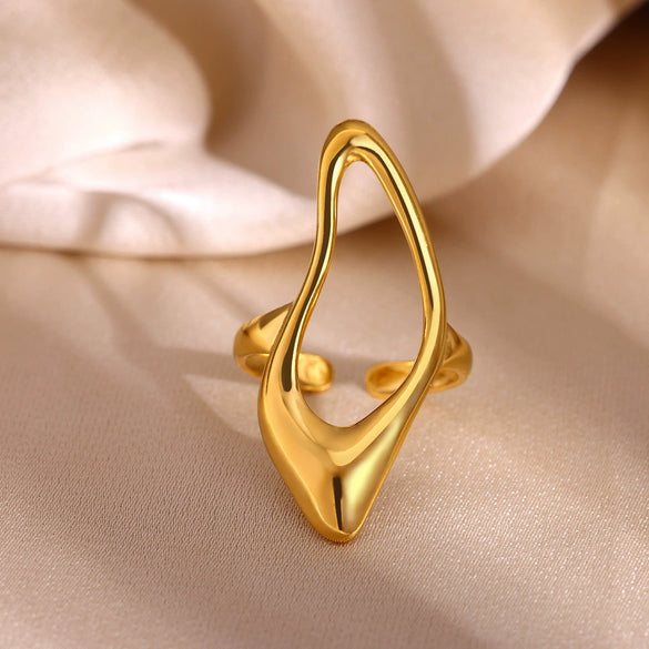 Gold Plated Stainless Steel Open Ring With Retro Geometric Shell And Line Design Minimalist Unisex Fashion Jewelry