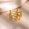 Gold Plated Stainless Steel Open Ring With Retro Geometric Shell And Line Design Minimalist Unisex Fashion Jewelry