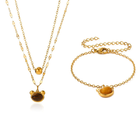 Gold Plated Stainless Steel Panda Pendant Necklace And Bracelet Set Retro Animal Jewelry With Layered Chain Design For Women