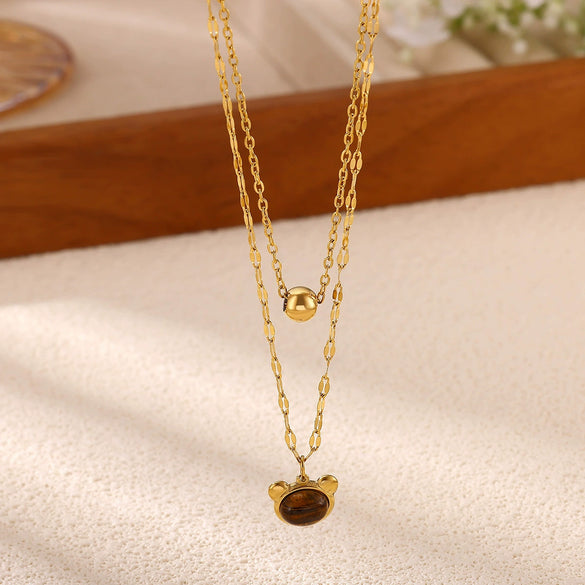 Gold Plated Stainless Steel Panda Pendant Necklace And Bracelet Set Retro Animal Jewelry With Layered Chain Design For Women
