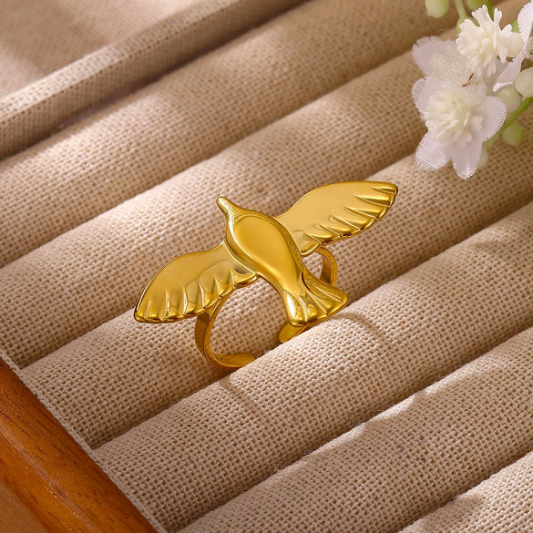 Gold Plated Stainless Steel Peace Dove Open Ring With Bird Wing Design Unisex Animal Jewelry