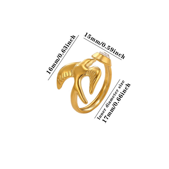 Gold Plated Stainless Steel Peace Dove Open Ring With Bird Wing Design Unisex Animal Jewelry