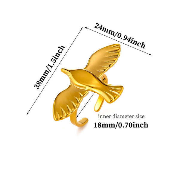 Gold Plated Stainless Steel Peace Dove Open Ring With Bird Wing Design Unisex Animal Jewelry