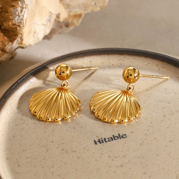 Gold Plated Stainless Steel Shell Earrings With Steel Balls And Geometric Design Electroplating Treatment