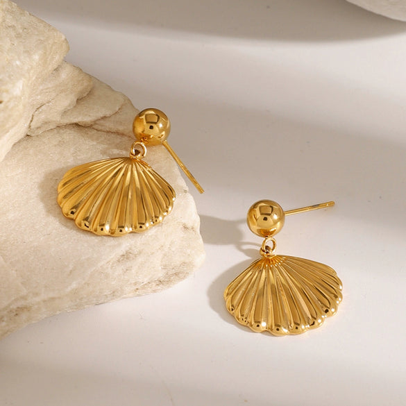 Gold Plated Stainless Steel Shell Earrings With Steel Balls And Geometric Design Electroplating Treatment
