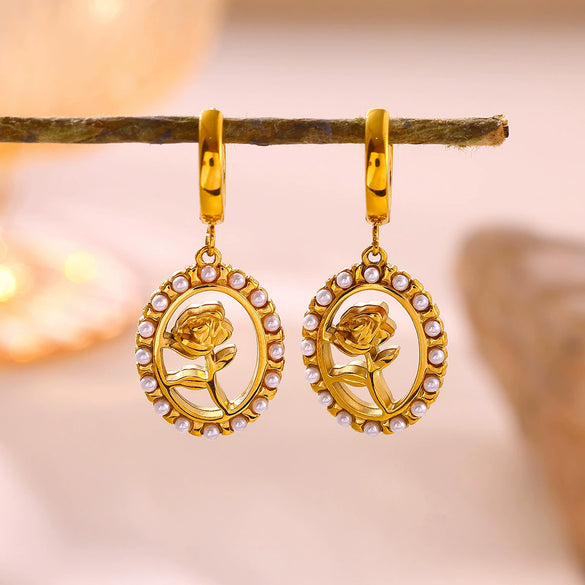 Gold Plated Stainless Steel Star Earrings With Rhinestone Sun Moon Heart Rose And Pearl Details For Women