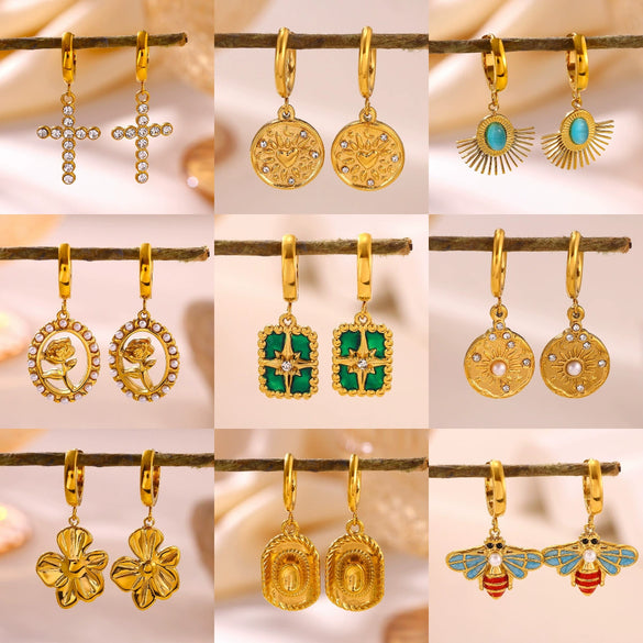 Gold Plated Stainless Steel Star Earrings With Rhinestone Sun Moon Heart Rose And Pearl Details For Women