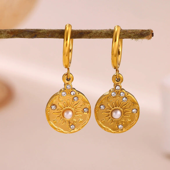 Gold Plated Stainless Steel Star Earrings With Rhinestone Sun Moon Heart Rose And Pearl Details For Women