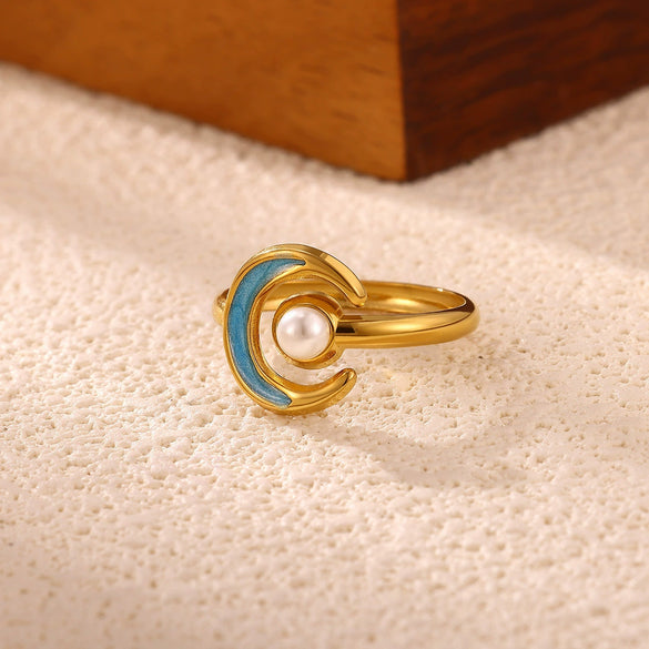 Gold Plated Stainless Steel Sunstone And Moonstone Open Ring Adjustable Unisex Jewelry With A Retro Natural Style