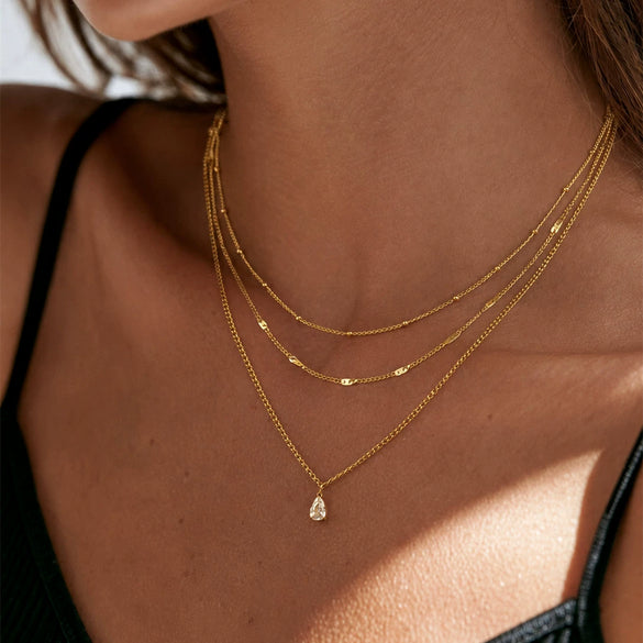 Gold Plated Stainless Steel Teardrop Pendant Chain Necklace Geometric Unisex Layered Jewelry