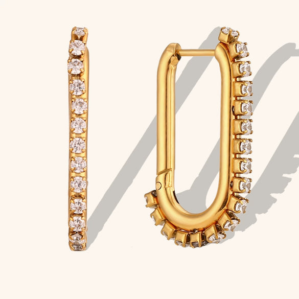Gold Plated Stainless Steel Ushaped Geometric Statement Earrings With Zircon Edge For Women
