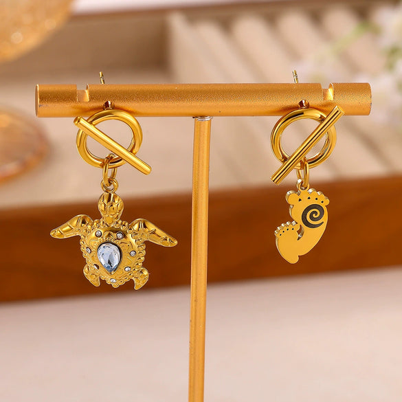 Gold Plated Stainless Steel Zirconia Octopus Starfish And Shell Dangle Earrings With Threedimensional Pendant Design For Women