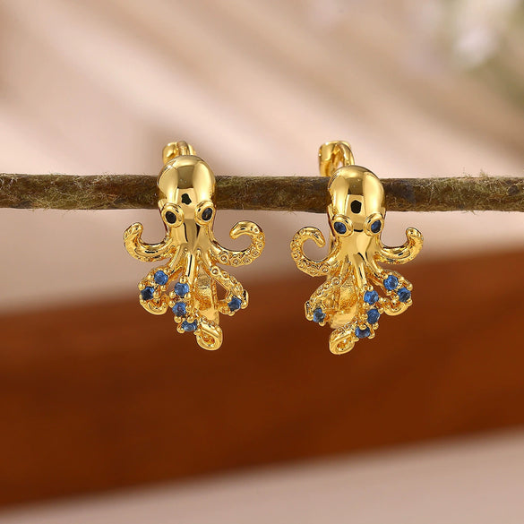 Gold Plated Stainless Steel Zirconia Octopus Starfish And Shell Dangle Earrings With Threedimensional Pendant Design For Women