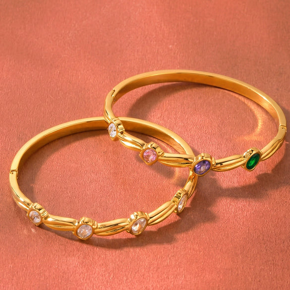 Gold Plated Stainless Steel Zirconset Oval Bangle Bracelet For Women Simple Stylish Jewelry
