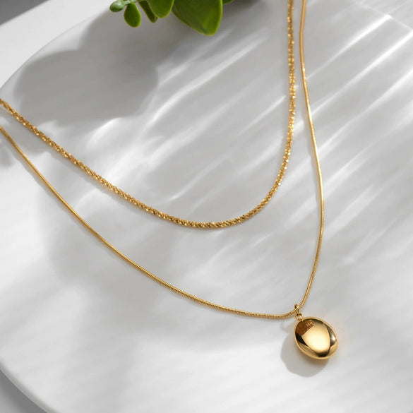 Gold Plated Titanium Steel Double Layer Snake Bone Chain Necklace With Geometric Pendant Versatile Clavicle Necklace For Women