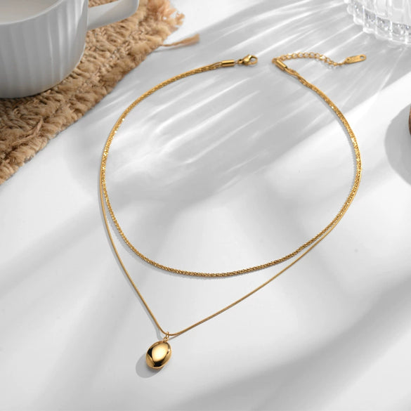 Gold Plated Titanium Steel Double Layer Snake Bone Chain Necklace With Geometric Pendant Versatile Clavicle Necklace For Women
