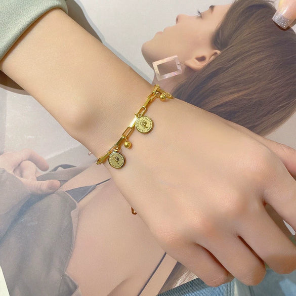 Gold Plated Titanium Steel Geometric Pendant Bracelet For Women With Hip Hop Inspired Temperament Style