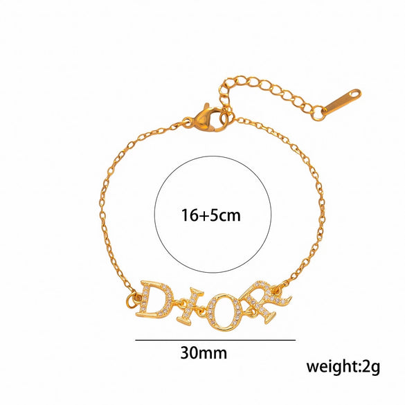 Gold Plated Titanium Steel Letter Pendant Clavicle Chain Necklace With Diamond Accents For Women
