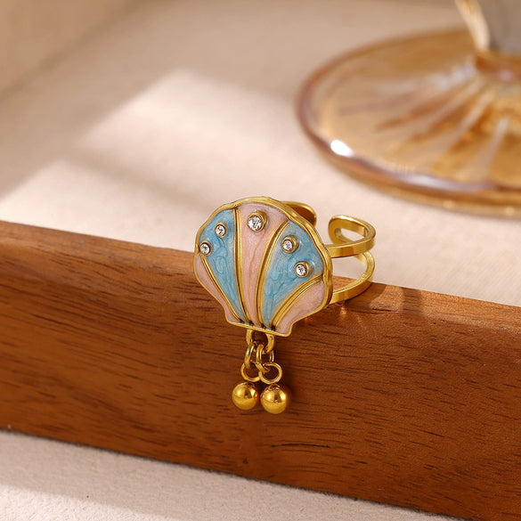 Gold Plated Titanium Steel Open Ring With Colorful Tassel Seashell Tropical Fish Starfish And Pearl Inspired Details For Women