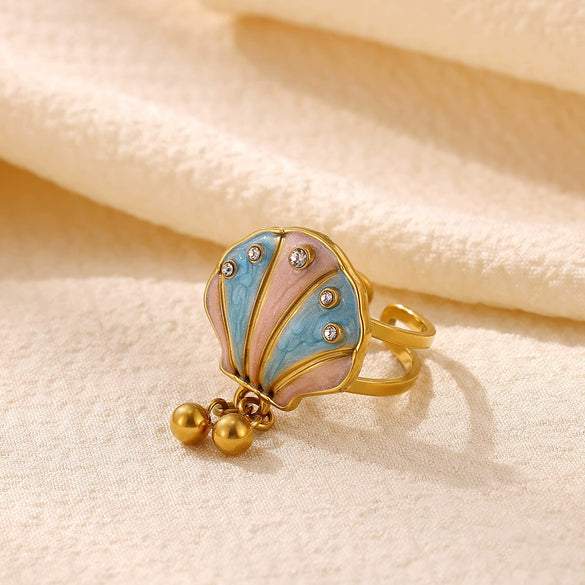 Gold Plated Titanium Steel Open Ring With Colorful Tassel Seashell Tropical Fish Starfish And Pearl Inspired Details For Women