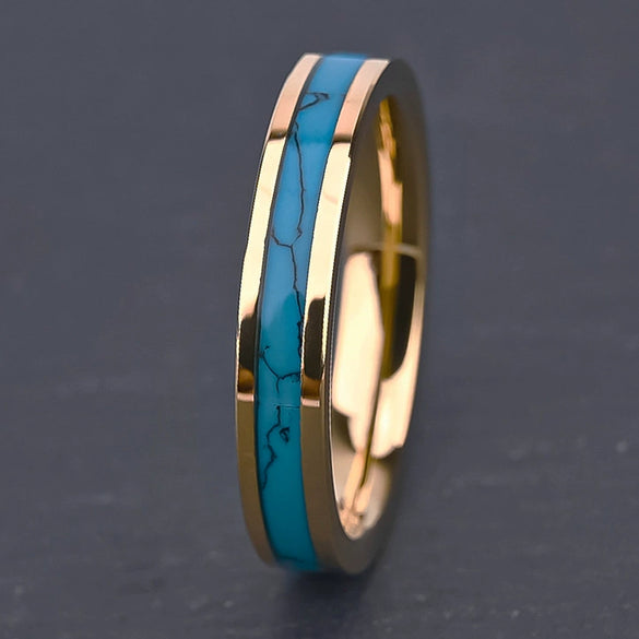 Gold Plated Tungsten Steel Rings With Natural Turquoise Inlay Geometric Unisex Wedding Bands For Men And Women