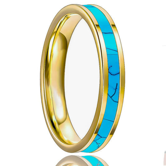 Gold Plated Tungsten Steel Rings With Natural Turquoise Inlay Geometric Unisex Wedding Bands For Men And Women