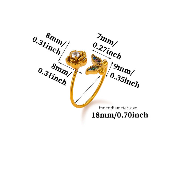 Gold Plated Zircon Butterfly And Flower Adjustable Open Ring Sweet Floral Unisex Fashion Jewelry