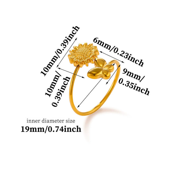 Gold Plated Zircon Butterfly And Flower Adjustable Open Ring Sweet Floral Unisex Fashion Jewelry