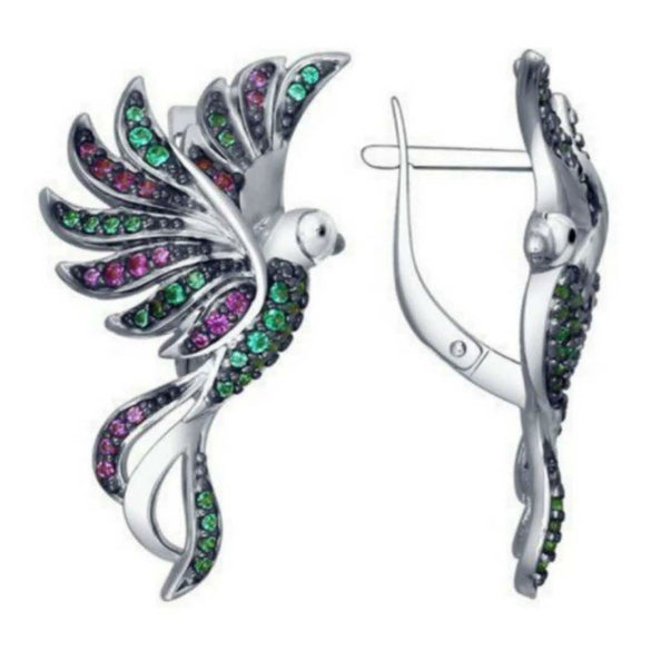 Gold Tone Electroplated Copper Phoenix Bird Earrings With Colorful Geometric Design