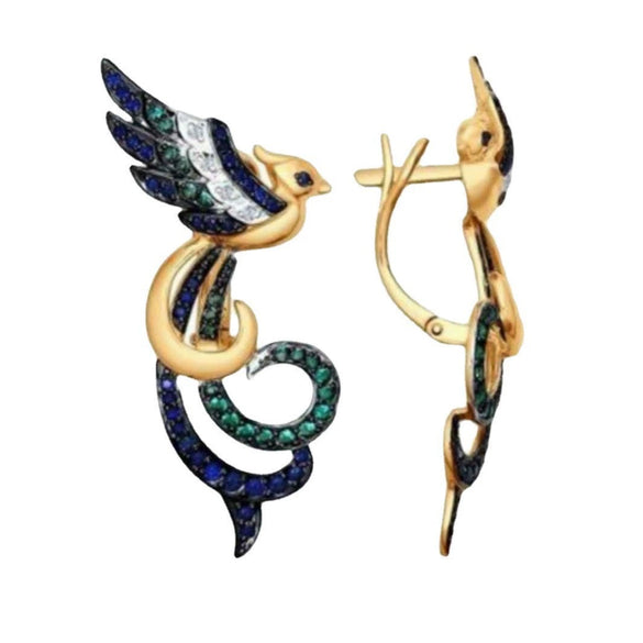 Gold Tone Electroplated Copper Phoenix Bird Earrings With Colorful Geometric Design