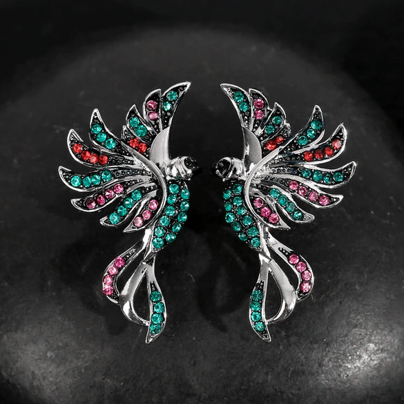 Gold Tone Electroplated Copper Phoenix Bird Earrings With Colorful Geometric Design