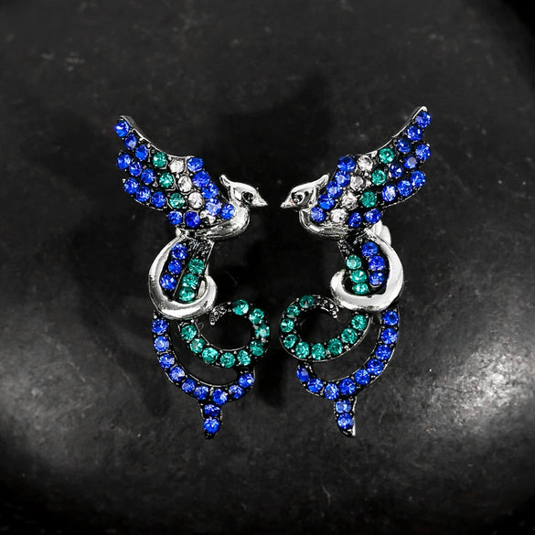 Gold Tone Electroplated Copper Phoenix Bird Earrings With Colorful Geometric Design