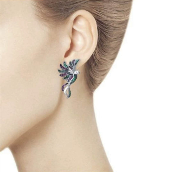 Gold Tone Electroplated Copper Phoenix Bird Earrings With Colorful Geometric Design