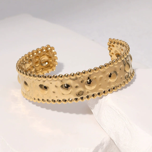 Gold Tone Electroplated Stainless Steel Adjustable Open Bracelet With Simple Geometric Design And Fade Resistant Finish