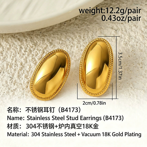 Gold Tone Electroplated Stainless Steel Oval Stud Earrings With Geometric Dotted Edge Retro Statement Design For Women