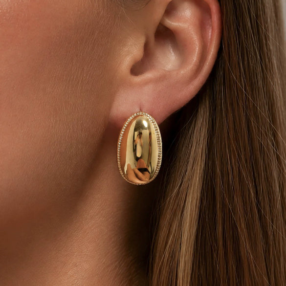 Gold Tone Electroplated Stainless Steel Oval Stud Earrings With Geometric Dotted Edge Retro Statement Design For Women