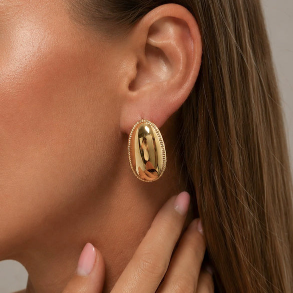 Gold Tone Electroplated Stainless Steel Oval Stud Earrings With Geometric Dotted Edge Retro Statement Design For Women