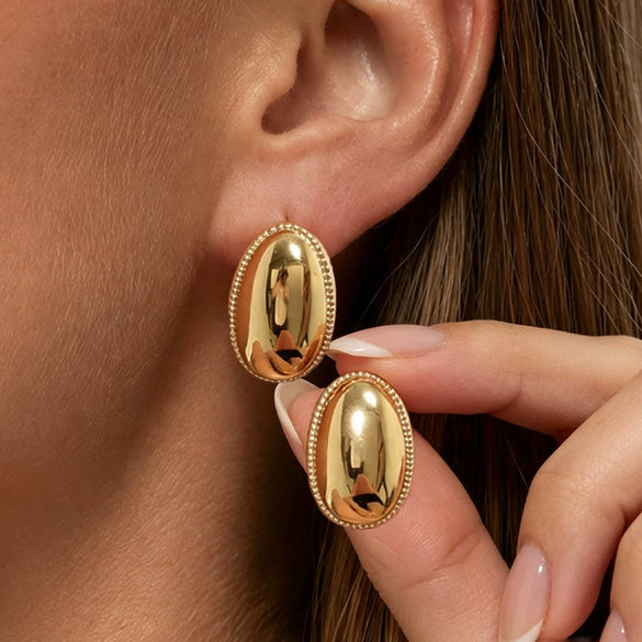 Gold Tone Electroplated Stainless Steel Oval Stud Earrings With Geometric Dotted Edge Retro Statement Design For Women