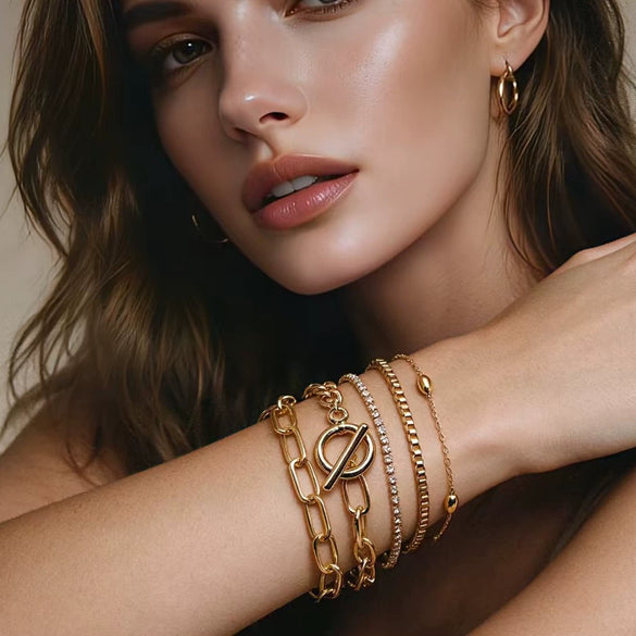 Gold Tone Geometric Layered Bracelet Set With Chunky Chain Links And Sparkling Tennis Chain Unisex Alloy Fashion Jewelry