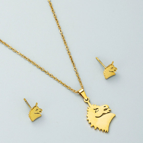 Gold Tone Geometric Love Pendant Necklace And Earrings Set In Electroplated Titanium Steel With Snake Bone Chain